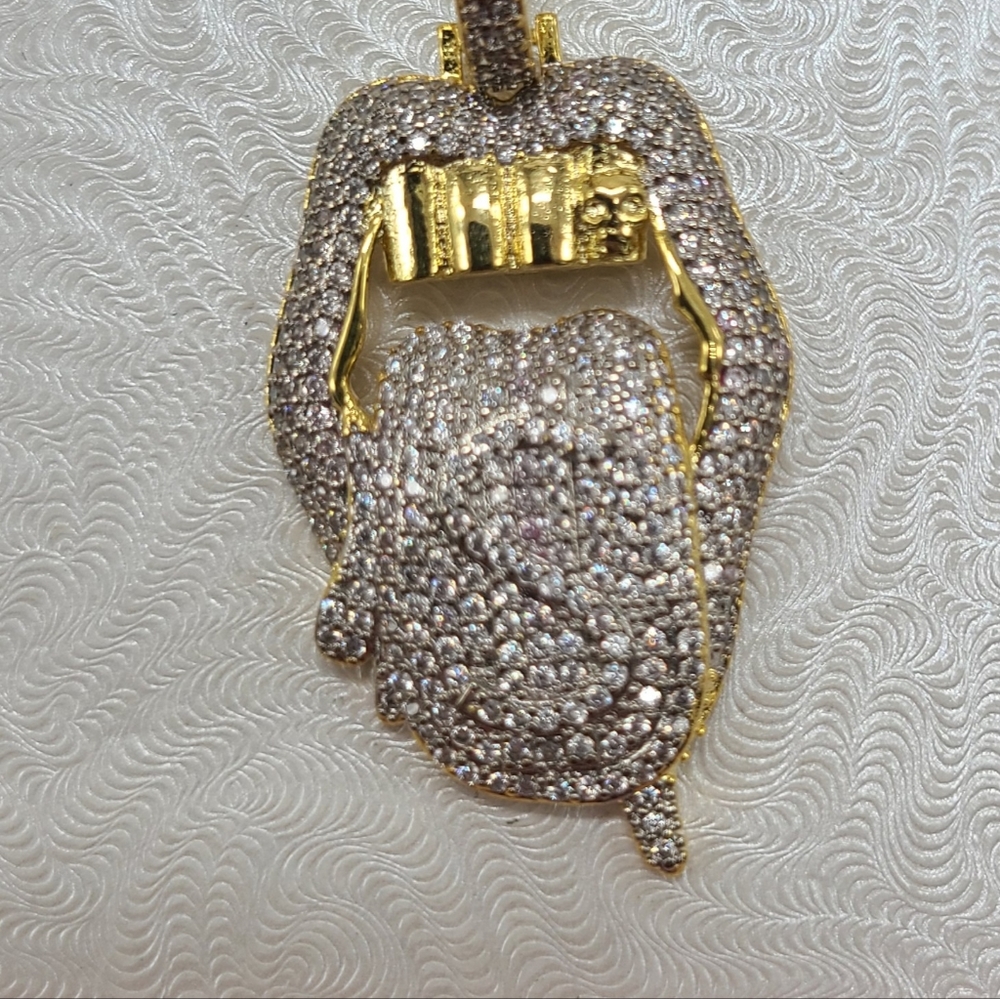 14K White Gold Filled Simulated Diamond Iced Out Dollar Tongue Necklace Pendant